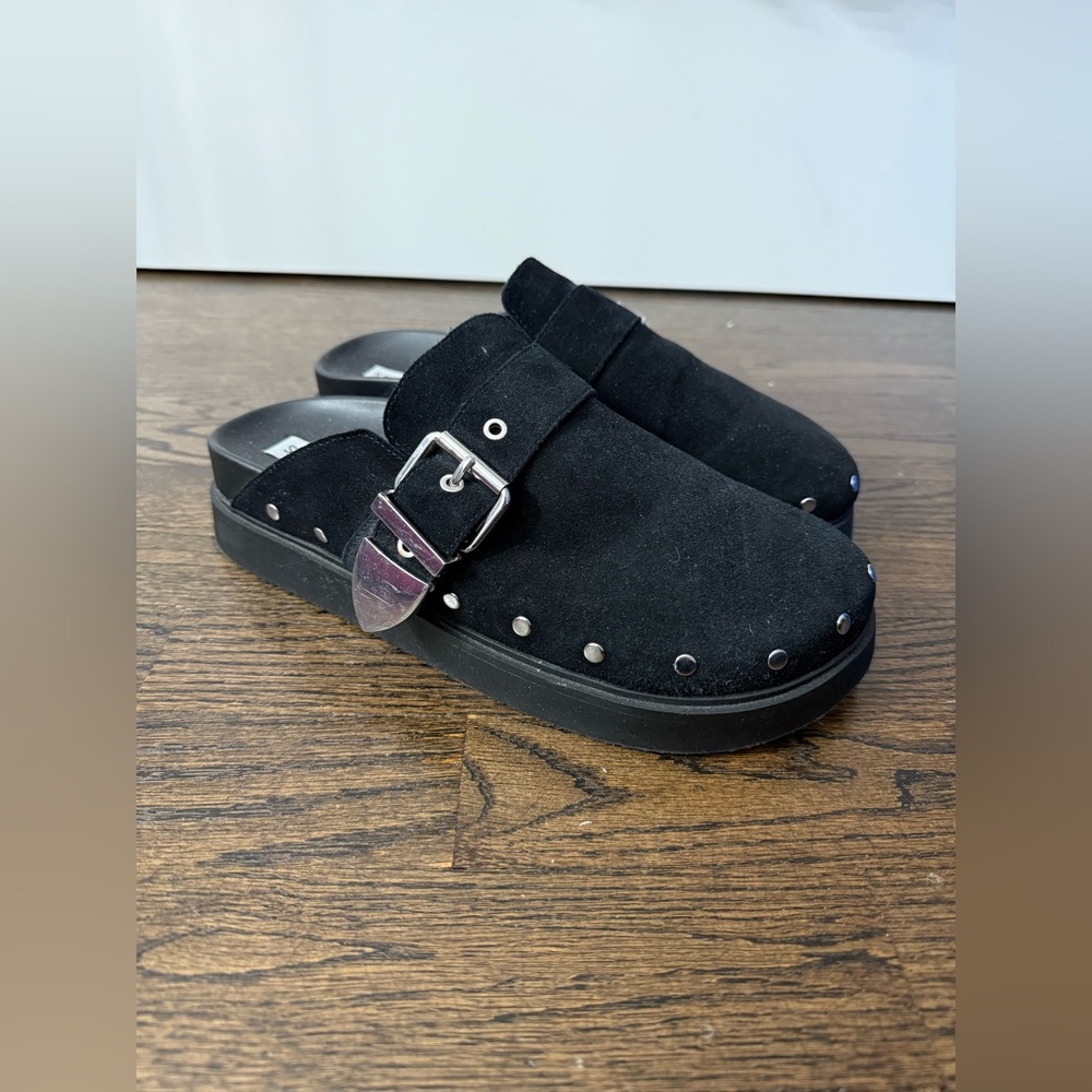 Black Suede Clogs with Silver Buckle